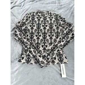 Commense Mock Neck Black Damask and White Long Sleeve Blouse Size Small NWT